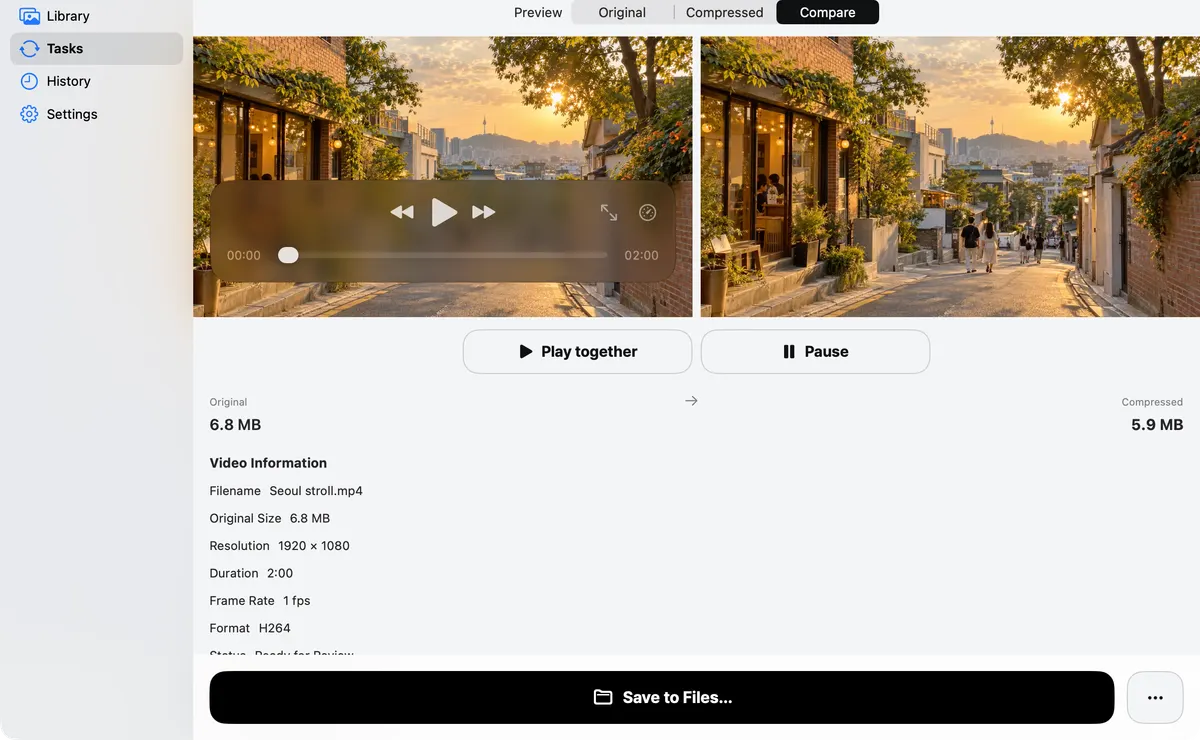 Comparing an original and a compressed video in nyanbyte